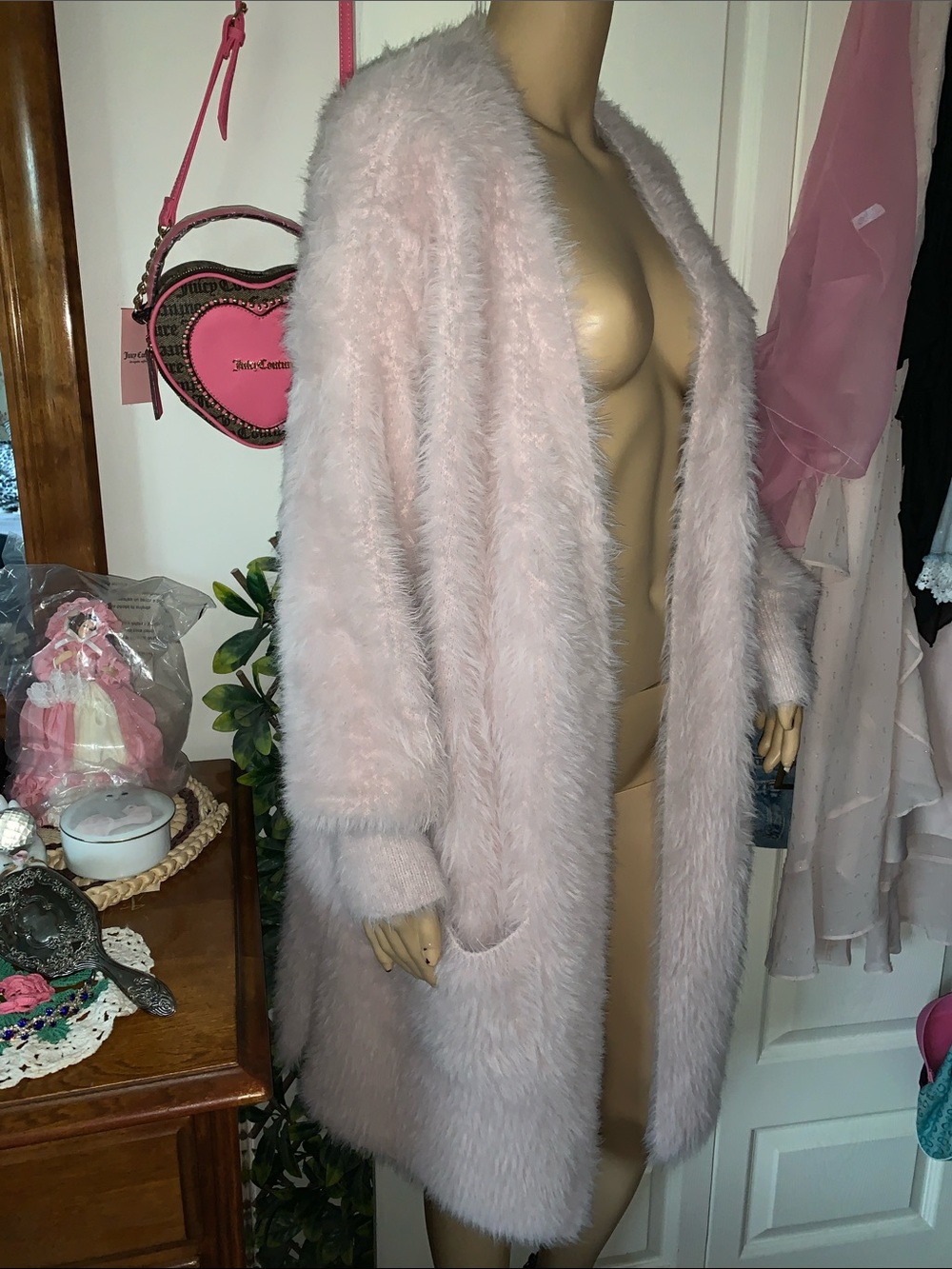 Pink fluffy furry faux angora fur wrap sweater cardigan coat L